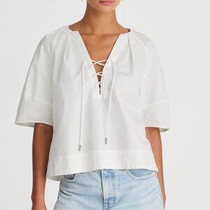 NWT Madewell Women's Sz S White Poplin Lace-Up Top Balloon Sleeves Lightweight